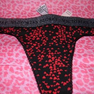 Victoria's Secret Sexy Logo Band Valentine Thong Black Mini Hearts Pantie M NWT